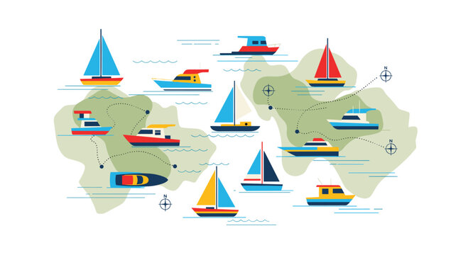 A colorful vector collection of sailboats and motorboats arranged on abstract green landmasses with dotted navigation paths across a clean white background for nautical themes.