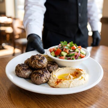 Server presenting mediterranean pita wrap with grilled meat, tomatoes, cucumbers, onions, lettuce, tzatziki sauce, catering, menu