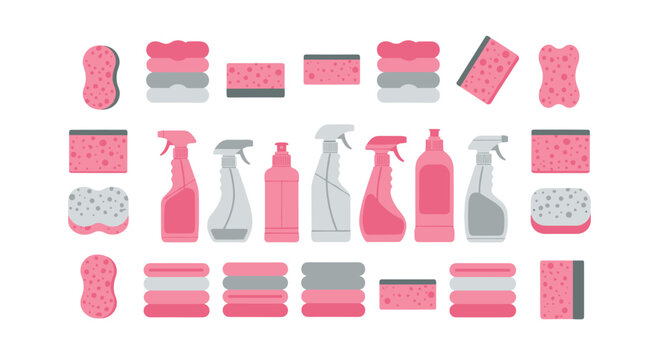 A structured grid arrangement of various cleaning items including pink sponges, detergent spray bottles, and folded cloths is displayed on a plain white background.