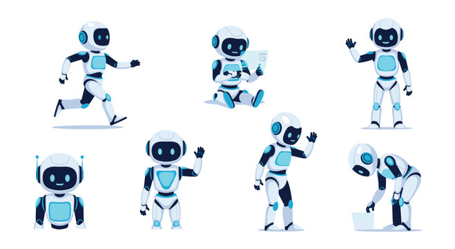 Several distinct white android robots perform various everyday activities including waving running and sitting while interacting with holographic interfaces on a bright white backg