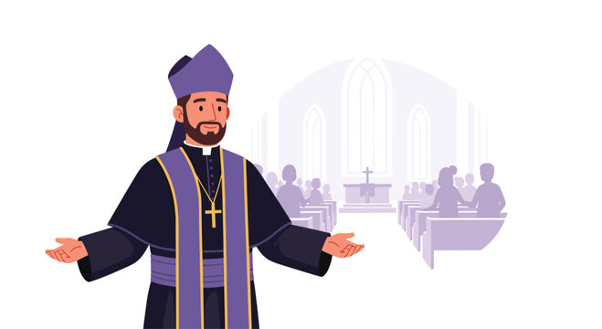 A cartoon priest wearing purple vestments gestures toward a congregants group inside a church sanctuary depicted in a soft and monochromatic purple color palette.
