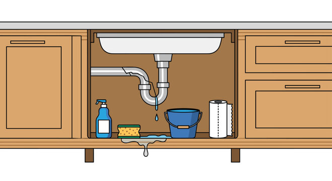 A damaged silver plumbing pipe leaks water into a blue bucket under a wooden kitchen sink cabinet during a home maintenance emergency with a natural color tone.