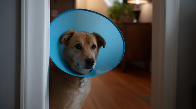 Concerned canine companion observes from a doorway, wearing a protective medical collar after a veterinary procedure, showcasing pet care and recovery