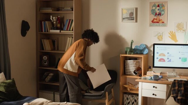 Full shot of young African American boy walking up to bedroom wall, removing cartoon superhero poster from wall and replacing with school timetable to mark return back to studies after vacation