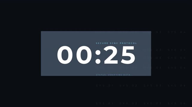 Futuristic tech interface countdown timer with modern glassmorphism design and secure sync protocol data status