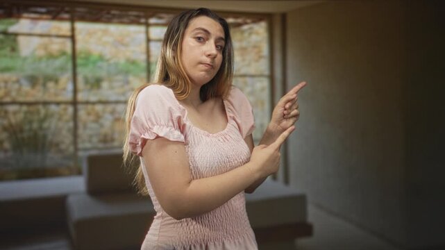 Woman points finger with exposed forearm and hand inside building, wearing a pink smocked dress, neutral gaze and standing by a large window; mild skepticism.