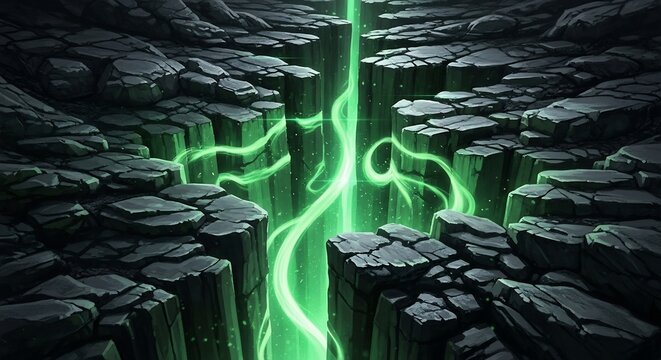 Glowing green rift in rocky terrain