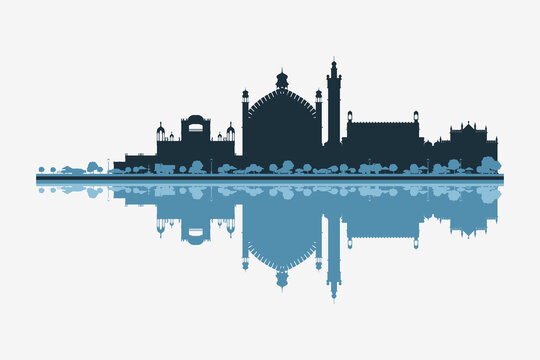 Lucknow, India skyline silhouette with modern landmarks reflection on white background in minimalist style.