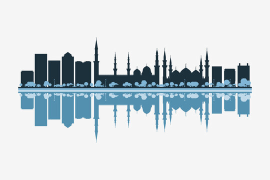 Medina, Saudi Arabia skyline silhouette with modern landmarks reflection on white background in minimalist style.