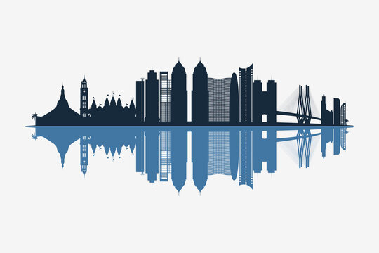 Mumbai, India skyline silhouette with modern landmarks reflection on white background in minimalist style.