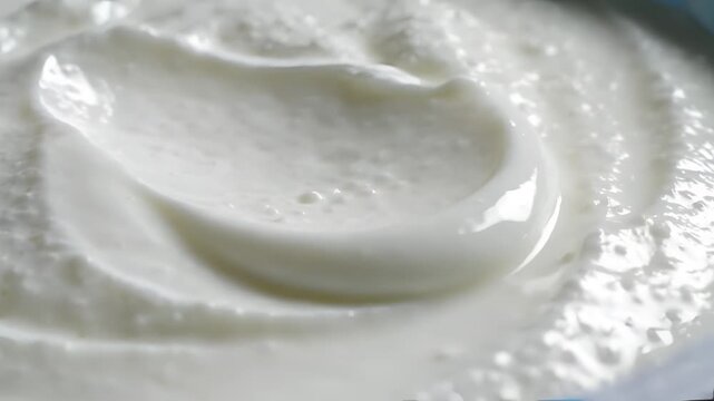 Close up of creamy white yogurt swirling in a bowl texture.