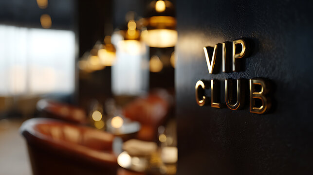 Exclusive "VIP Club" Sign in Gold Letters on Dark Wall with Blurry Luxurious Interior Background, Warm Lighting and Comfortable Seating