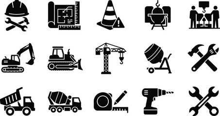 Construction and Industrial Icons Set with Machinery Tools and Engineering Symbols © Md