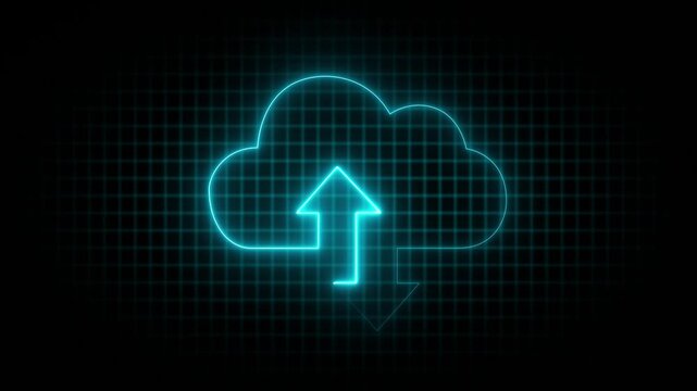 Glowing neon cloud storage with arrows, looped animation. Cloud space and technology, data backup icon.