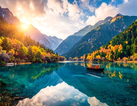 A scenic vista showcasing a vibrant lake nestled amidst towering mountains with trees displaying autumn colors, and a boat