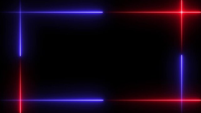 Blue and Red Neon Rectangle Frame Border on Black Background Keywords: red, blue, neon, frame, border, rectangle, glowing, light, electric, abstract