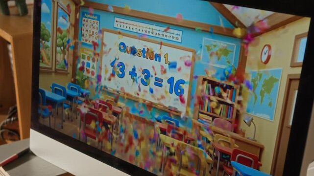 No people close-up of math sums game for young elementary age kids playing on computer screen in family home, confetti bursting after correct answer, gamification technology in early education