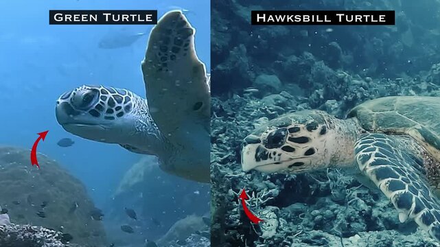 Educational underwater video showing 3 ways to distinguish a green sea turtle - Chelonia mydas - from a hawksbill sea turtle - Eretmochelys imbricata. 