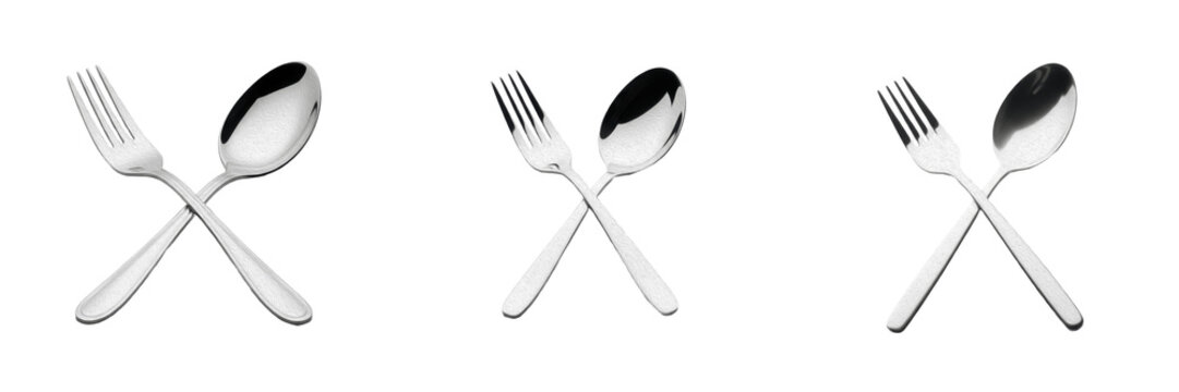 Silver Metal Fork And Spoon Cutlery Crossed Isolated On Transparent Background, Restaurant Dining Kitchen Tableware PNG Cutout Clipart
