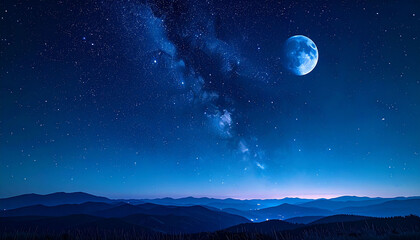 Fototapeta premium 夜空の天の川と大きな月が輝く美しい星空の風景写真 山並みのシルエットと広大な宇宙が広がる幻想的な背景素材 文字入れ用のコピースペースがあるWebサイトやバナーデザインに最適な青い夜景のグラフィック素材