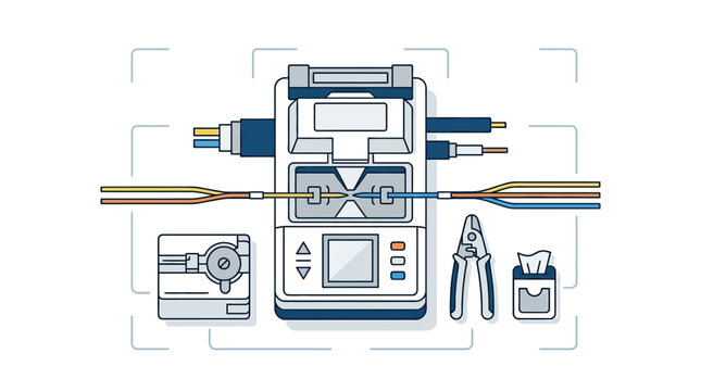 Illustration of a fusion splicer machine with optical fiber cables and tools for fiber optic installation and splicing.