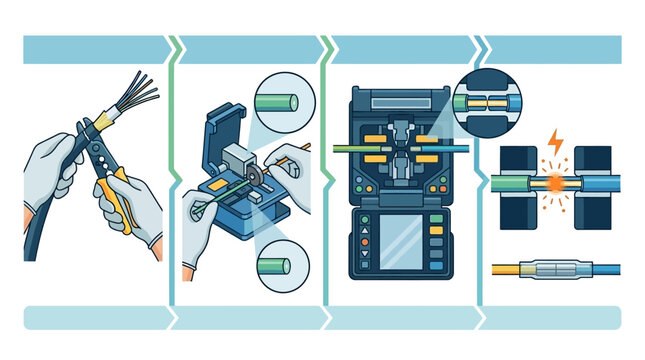 Illustration of a fusion splicer machine and tools for fiber optic cable installation and splicing process with a technician performing broadband network connection.