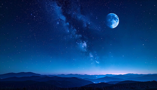 夜空の天の川と大きな月が輝く美しい星空の風景写真　山並みのシルエットと広大な宇宙が広がる幻想的な背景素材　文字入れ用のコピースペースがあるWebサイトやバナーデザインに最適な青い夜景のグラフィック素材