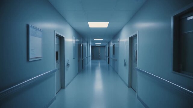 An empty, sterile hospital corridor with blue lighting, suggesting a quiet and possibly somber medical environment