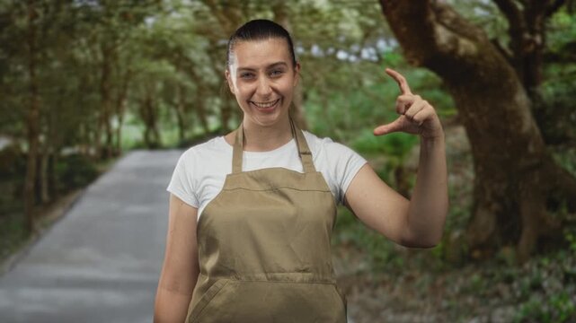 Woman in apron framing with fingers and smiling while pinching a small gap on a forest path; playful measurement.