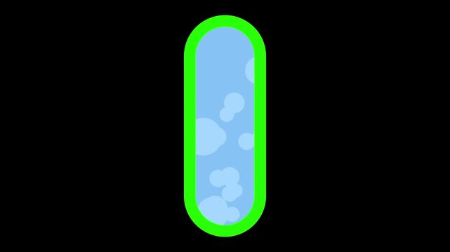 Minimalist 2D animation of a green capsule filled with blue liquid and floating bubbles. Perfect for UI loading, game asset, and abstract background.
