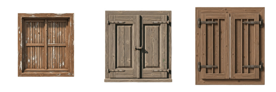 Rustic Antique Wooden Window Shutters Isolated On Transparent Background, Vintage Closed Wood Door Panel Gate PNG Cutout Clipart Asset
