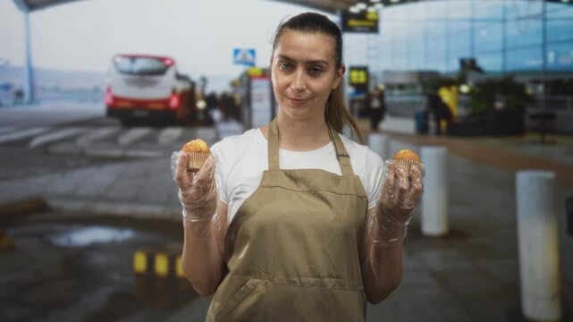 Woman holding two muffins in gloved hands while comparing them at an airport terminal curbside; contemplation choice.