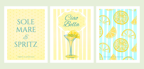 Vintage italian summer posters and travel postcards set - retro yellow and blue backgrounds with lemon cocktail illustration, ciao bella and sole mare spritz typography for home decor © PolinaAleksDesign