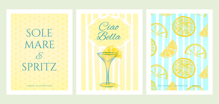 Vintage italian summer posters and travel postcards set - retro yellow and blue backgrounds with lemon cocktail illustration, ciao bella and sole mare spritz typography for home decor