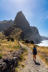 Fototapeta premium Famous hiking trail to Cruzinha, Aranha, Corvo, Fontainhas, Cape Verdean island of Santo Antão - Cape Verde.