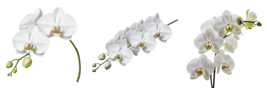 Elegant White Orchid Flowers Branch Isolated On Transparent Background, Luxury Exotic Phalaenopsis Floral Stem PNG Cutout Clipart Asset