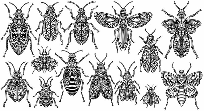 Detailed Ornamental Insect Collection Set - Black and White Line Art Illustration of Various Bugs, Beetles, Moths, and Flies