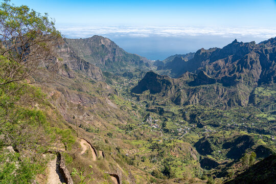 A winding pedestrian trail in the Paul Valley leading to Cabo da Ribeira Cova do Paul - Vila das Pombas, Ribeira Paul, Santo Ant&atilde;o Island, Cape Verde.
