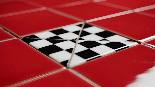 Closeup of Red and Black White Checkerboard Tile Pattern.