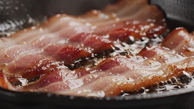 Closeup of Sizzling Bacon Cooking in a Hot Pan.