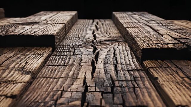 Closeup of weathered wooden planks with deep cracks and grain detail.