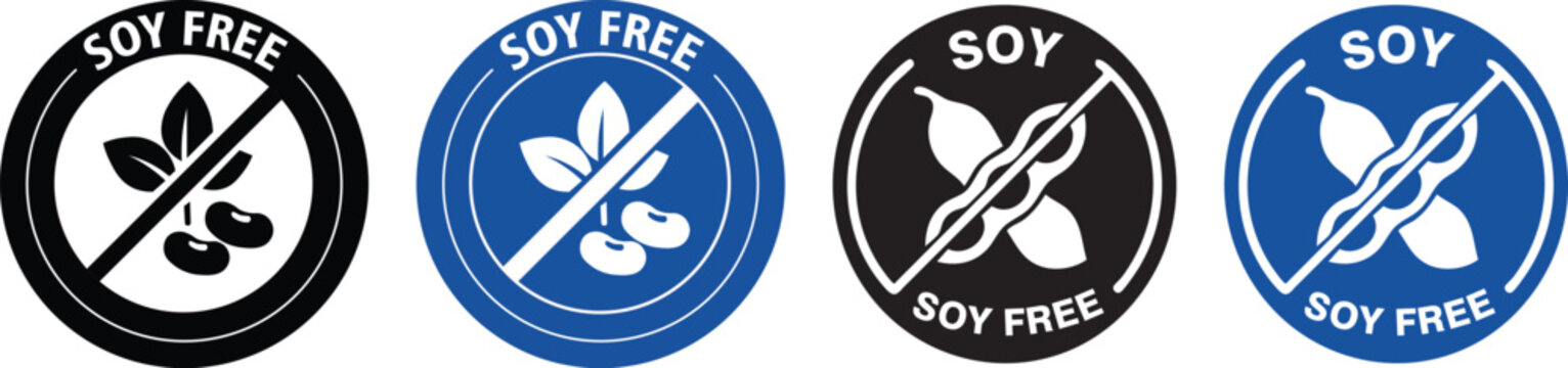 Soy free label set with soybean icons and strikethrough badge vector illustration