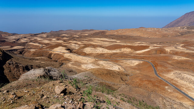 Arid and volcanic area starting from the top of the crown, the highest point of the island of Santo Ant&atilde;o, Cape Verde.