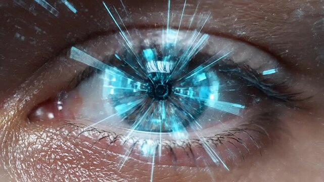 Futuristic Digital Eye with Blue Light Rays and Data Overlays.