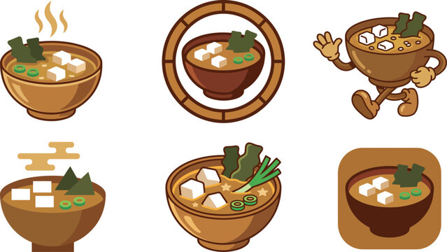 Cartoon miso soup bowls with tofu and seaweed in various styles and settings