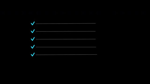 Minimalist animated checklist with cyan blue checkmarks on dark background for business presentation2