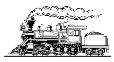 Vintage Steam Locomotive Train Illustration Black and White © Maesa