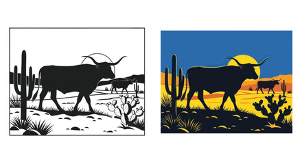 Texas Longhorn Cattle Silhouette in Desert Landscape at Sunset © Maesa