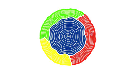 Fototapeta premium Abstract Circular Wood Grain Design in Red, Yellow, Green, and Blue on White Background