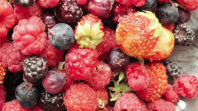 Various fresh summer berries backgrounds. Strawberry, blueberry, raspberry red currant and blackberry mix. Top view, flat lay.